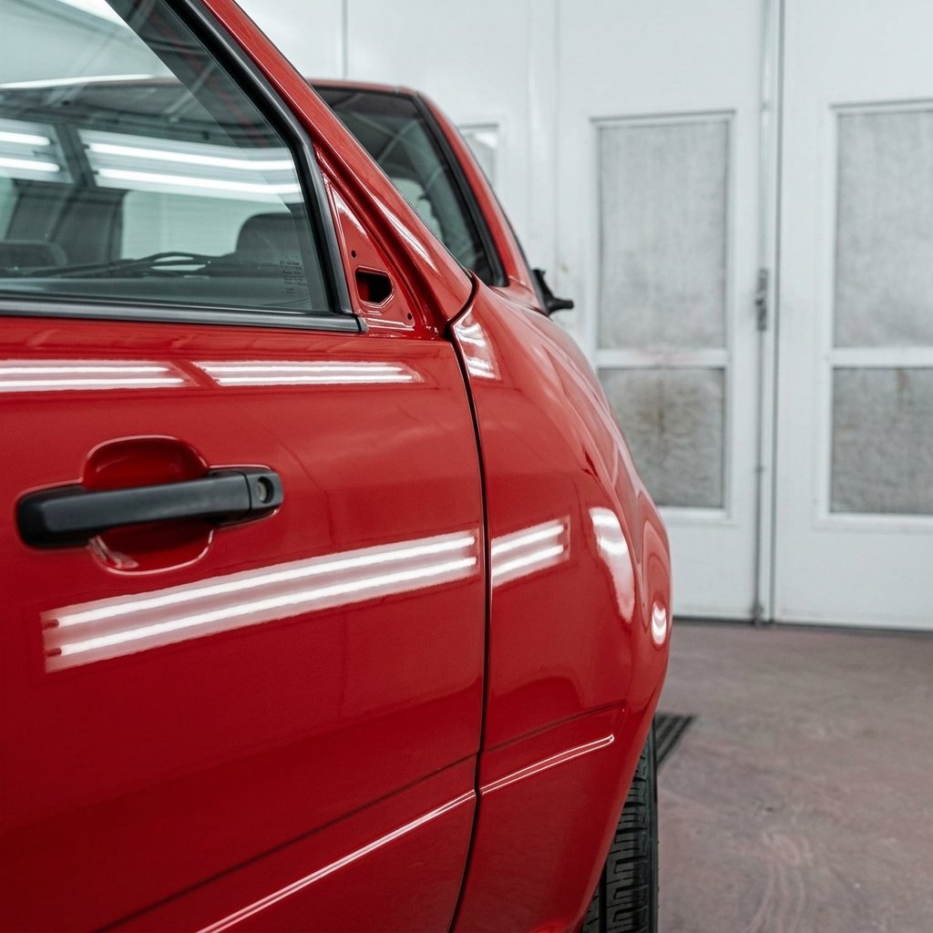 Coche con aleta y puerta reparados y recién pintados con acabado brillante
